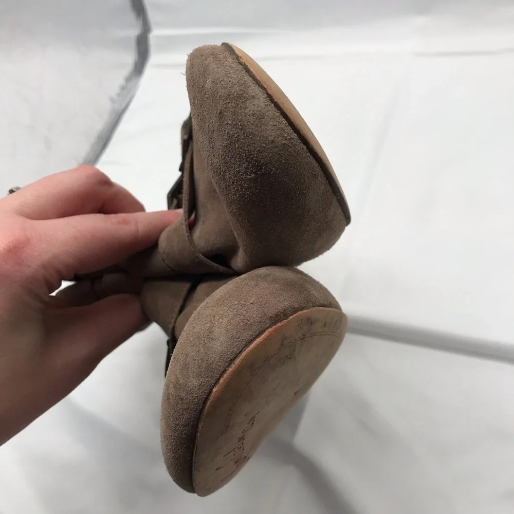 Sam Edelman Nolan tan moto style buckle ankle boots gold metal heel size 6 M